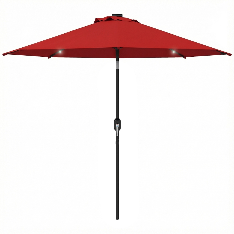 Outsunny 9ft Solar Patio Umbrella Outdoor Sunshade 24 LED Lights Tilt Canopy Wine Red