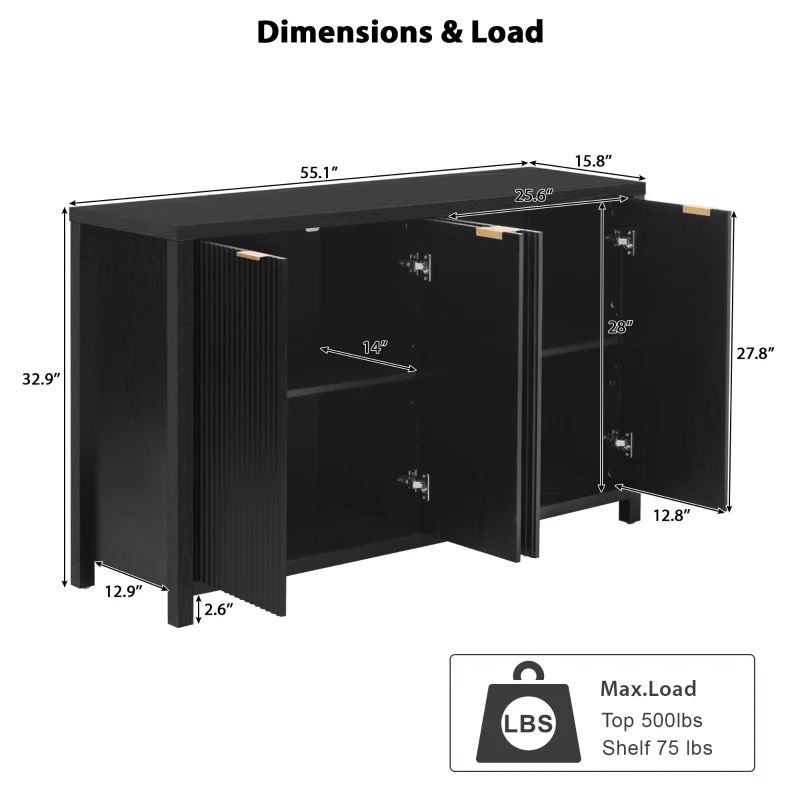 Fluted Buffet Cabinet with 4 Doors, Adjustable Shelves, Soft-Close Hinges, Large Buffet Sideboard for Dinning Room, 55'' L x 15.5'' W x 33'' H, Black