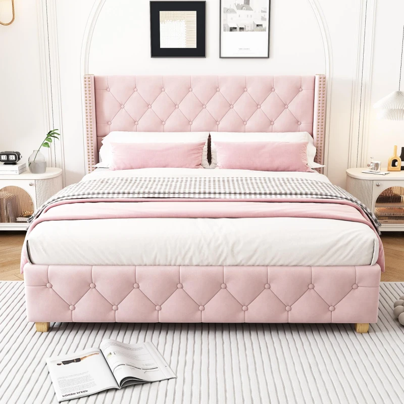 Full Size Velvet Upholstered Platform Bed with Diamond Button Tufting, Extra‑Wide Bedboard with Wooden Legs, 58.5'' L x 78'' W x 42.5'' H, Pink