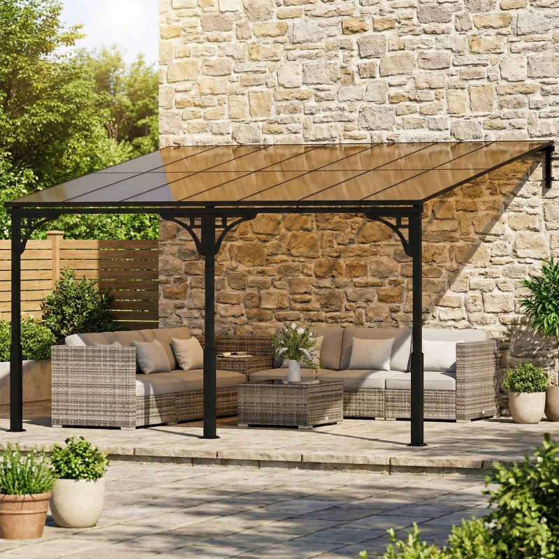 Outsunny 13' x 10' Lean to Gazebo, Hardtop Wall Mounted Outdoor Pergola with Polycarbonate Roof and Metal-Aluminium Frame