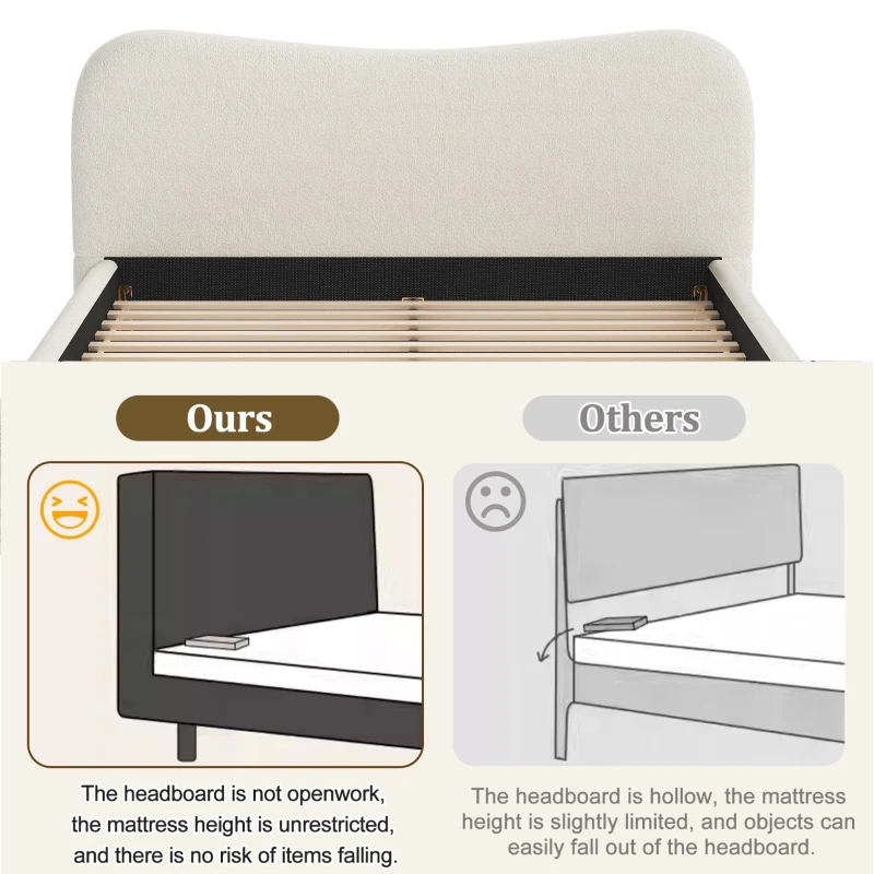 King Size Platform Bed with Smooth Curved Headboard, Plywood Frame, Upholstered Bed with Reinforced Slats, 86'' L x 80'' W x 34'' H, White