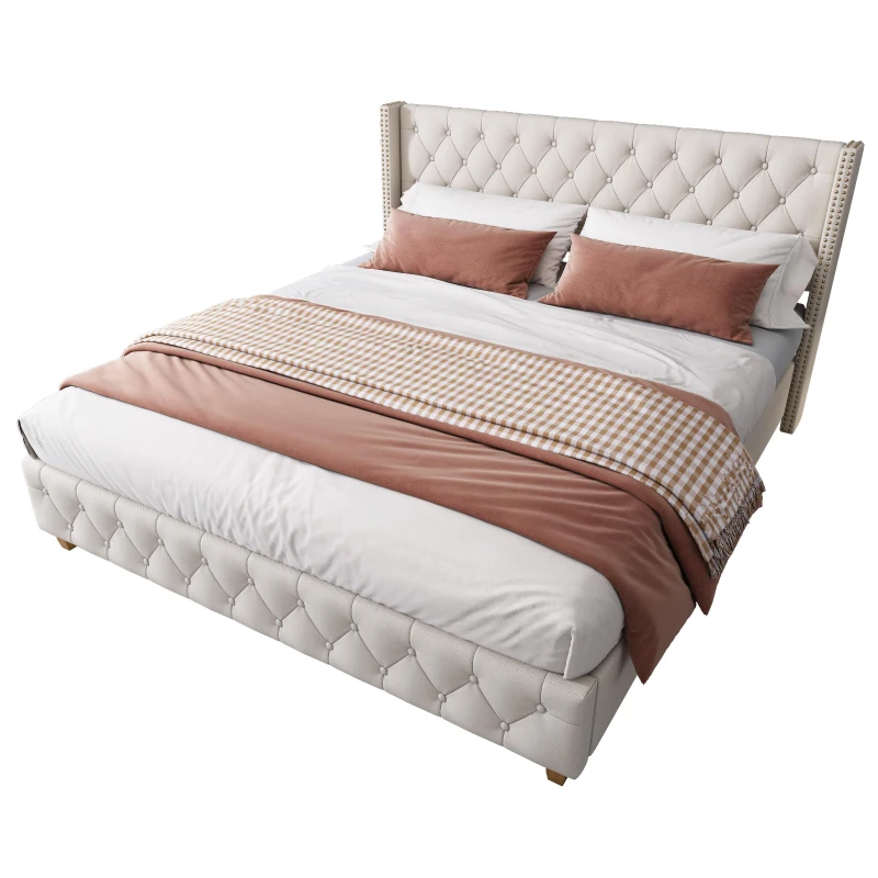 King Size Linen Upholstered Bed with Diamond Tufted Buttons, Solid Bedboard with Sturdy Wood Legs, 80.5'' L x 82.5'' W x 42.5'' H, Beige
