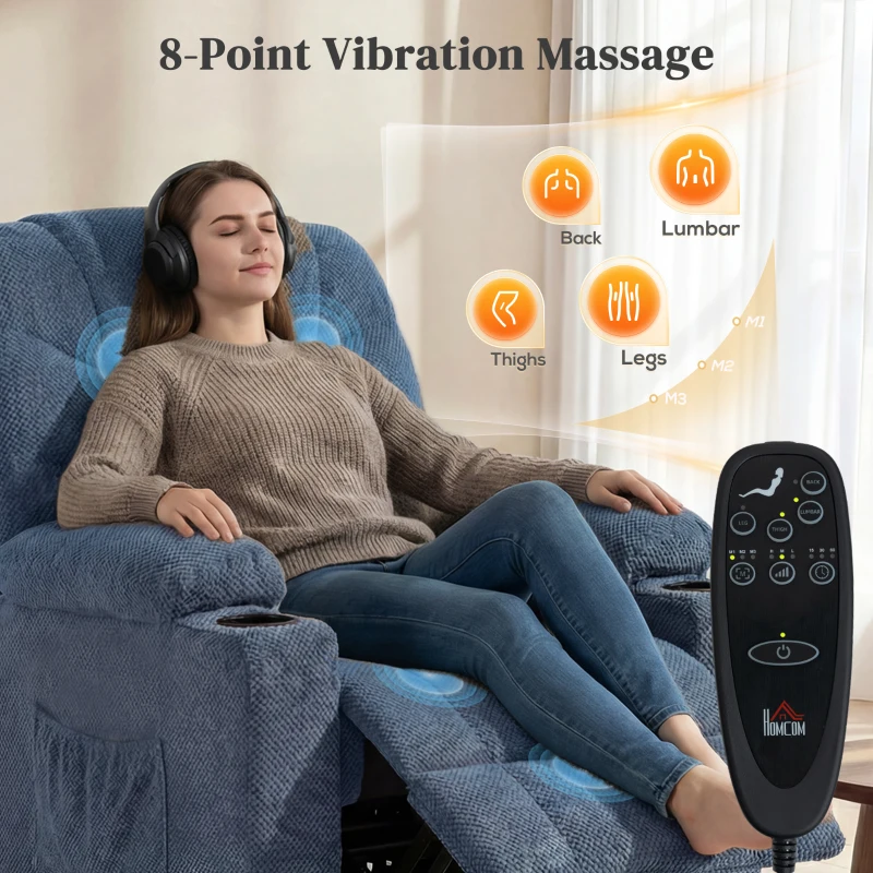 HOMCOM Power Recliner Chair with Massage, Electric Lift Chair for Elderly with Side Pockets, Cup Holders, Remote, Blue
