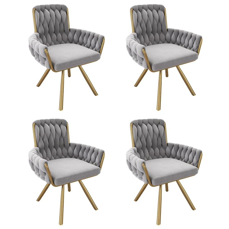 Set of 4 Velvet Dining Chairs with Upholstered Ergonomic Seat, Modern Swivel Chairs for Dining & Living Rooms, 25'' L x 25'' W x 34'' H, Gold+Gray