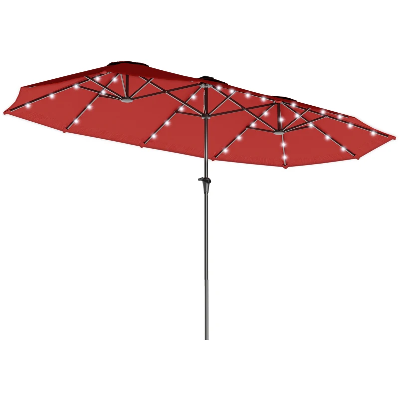 Outsunny 13ft Double-Sided Market Umbrella, Large Patio Umbrella with Solar Lights, Crank Handle for Garden, Pool, Yard, Wine Red