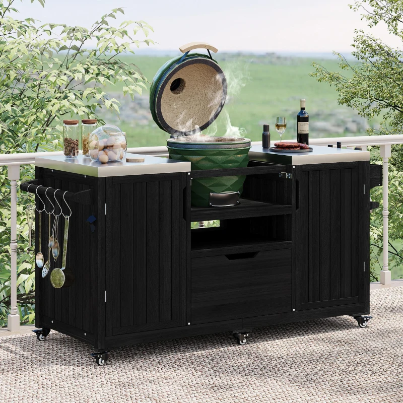 Outdoor Kitchen Island with Adjustable Shelves, Internal Storage Racks, Wooden Grill Cart with Stainless Steel Top, 66.5'' L x 23'' W x 34.5'' H, Black