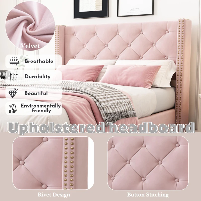 Full Size Velvet Upholstered Platform Bed with Diamond Button Tufting, Extra‑Wide Bedboard with Wooden Legs, 58.5'' L x 78'' W x 42.5'' H, Pink