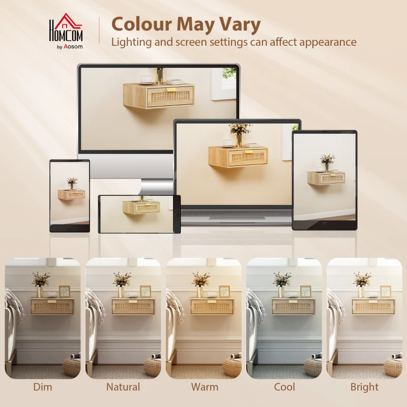 HOMCOM Floating Bedside Tables Set of 2, Wall Mounted Nightstands with Rattan Drawer and Wood Effect, Oak