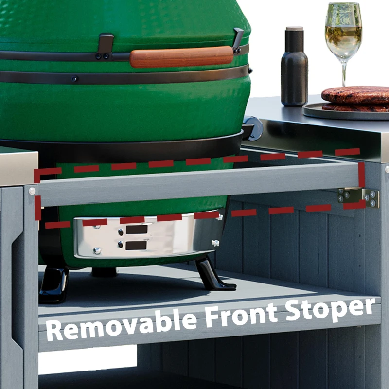 Outdoor Kitchen Island with Stainless Steel Top, Adjustable 5‑Level Shelves, Fir Wood Grill Cart with Drawer, 66.5'' L x 23'' W x 34.5'' H, Grey+Blue