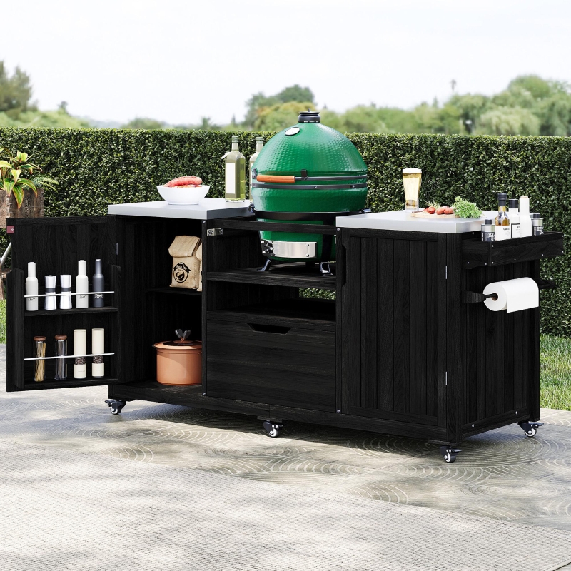 Outdoor Kitchen Island with Adjustable Shelves, Internal Storage Racks, Wooden Grill Cart with Stainless Steel Top, 66.5'' L x 23'' W x 34.5'' H, Black