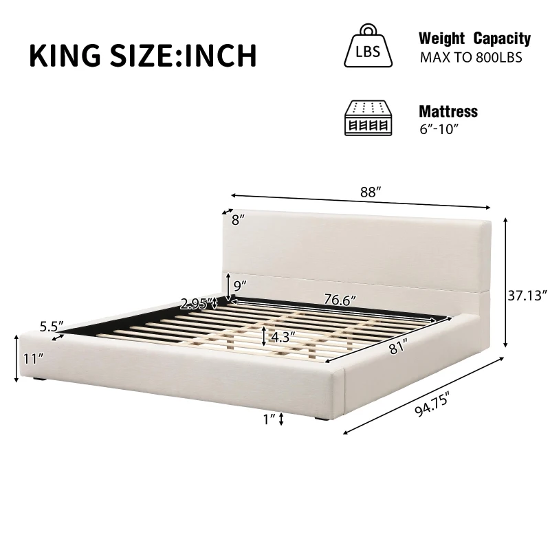 King Size Upholstered Platform Bed with Supportive Slats & Rubber Wood, Soft-Pack Bed with Embedded Frame, 94.5'' L x 88'' W x 37'' H, Beige