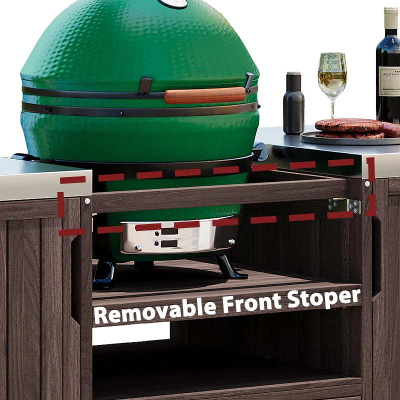 Outdoor Kitchen Island with Stainless Steel Top, Adjustable 5‑Level Shelves, Fir Wood Grill Cart with Drawer, 66.5'' L x 23'' W x 34.5'' H, Dark Brown