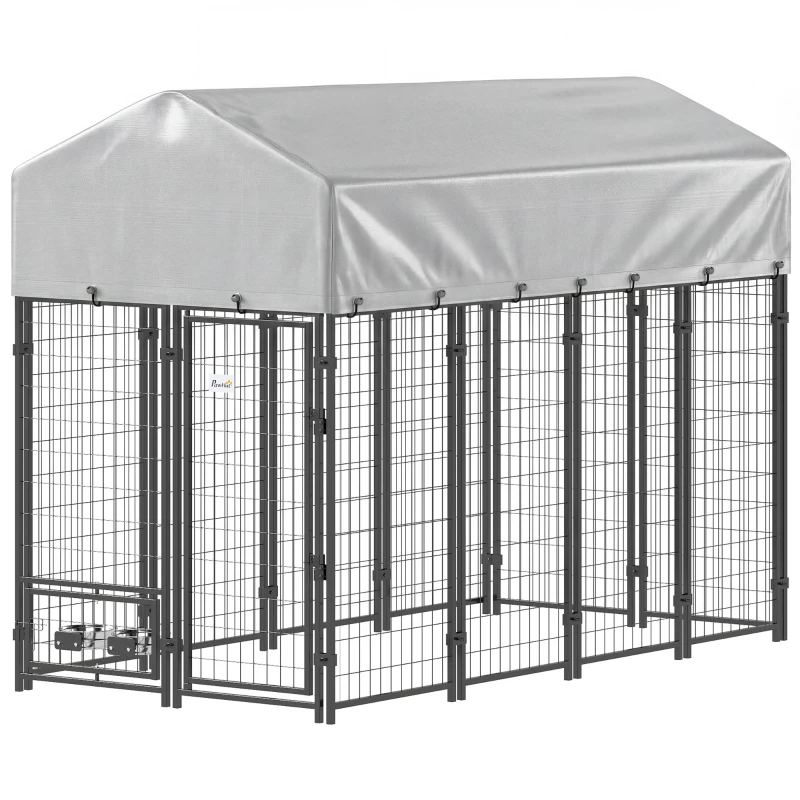 PawHut 8' x 4' x 6' Outdoor Dog Kennel, Dog Kennel Outside Run with 360° Rotating Bowls, Waterproof & UV Resistant Cover