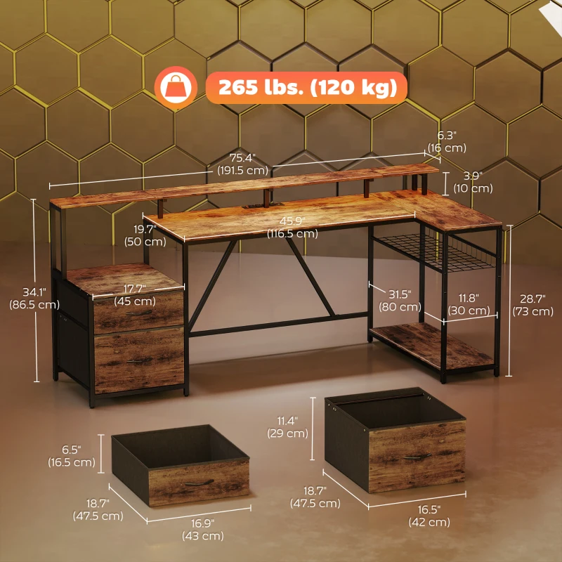 HOMCOM 76" Gaming Desk, Computer Table with RGB Lights, USB Ports, Monitor Stand and 2 Fabric Drawers, Rustic Brown