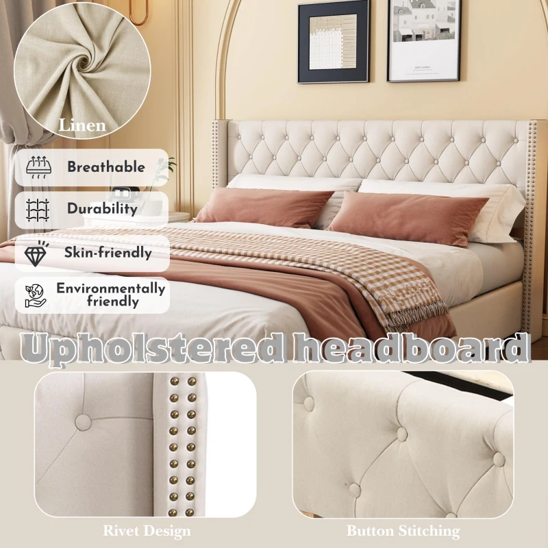 Queen Size Linen Upholstered Bed with Wingback Headboard, Modern Bed Frame with Metal Nailhead Trim, 64.5'' L x 83'' W x 42.5'' H, Beige