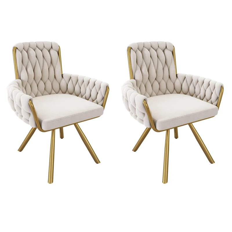 Set of 2 Velvet Dining Chairs with 4 Electroplated Metal Legs, Modern Swivel Chairs with Ergonomic Upholstery, 25'' L x 25'' W x 34'' H, Beige+Gold
