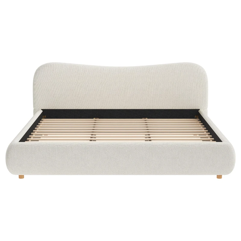 King Size Platform Bed with Smooth Curved Headboard, Plywood Frame, Upholstered Bed with Reinforced Slats, 86'' L x 80'' W x 34'' H, White