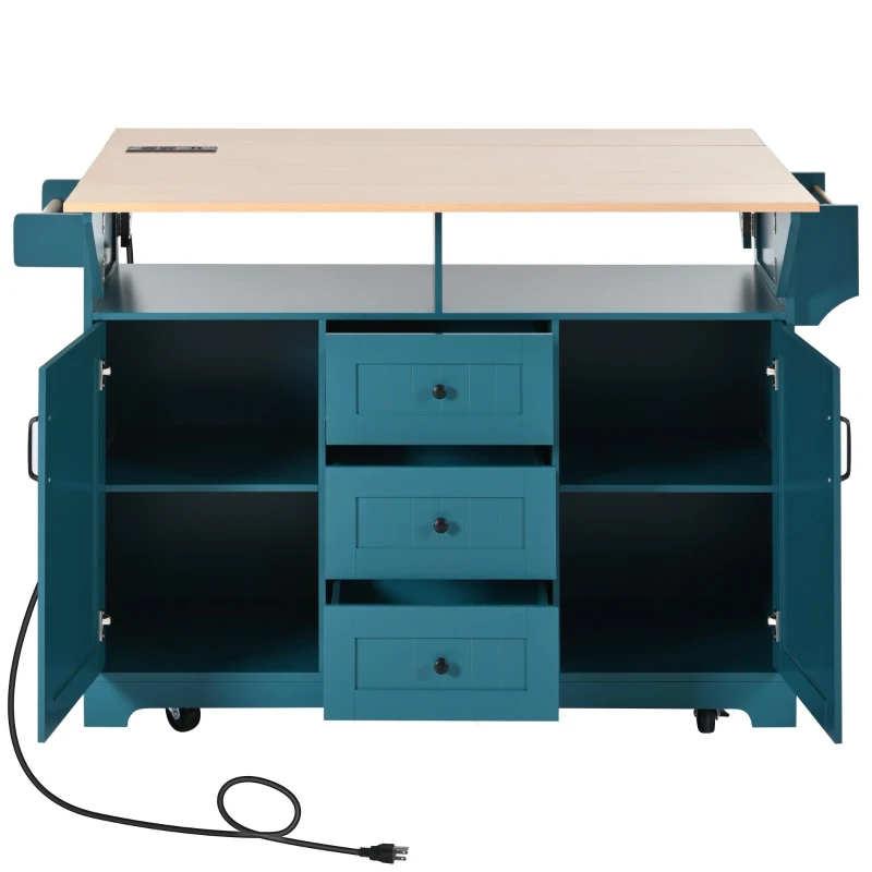 Mobile Kitchen Island with Built-in Charging Station and 3 Deep Drawers, Rolling Kitchen Cart for 4–6 Seating, 55.5'' L x 34'' W x 36.5'' H, Green