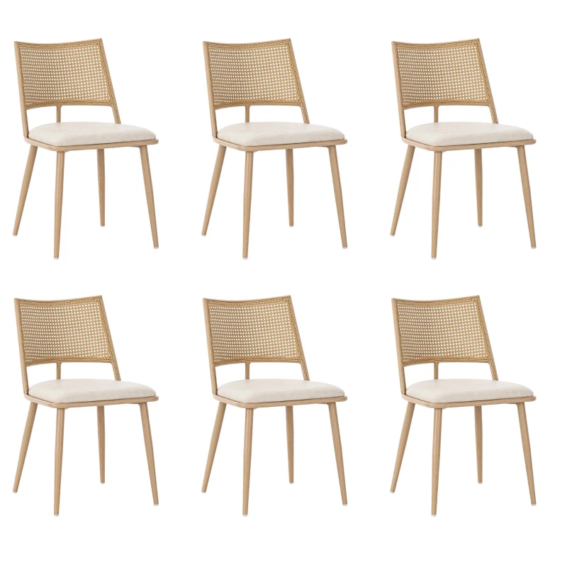 Set of 6 Modern Dining Chairs with PE Rattan Backrest, Ergonomic Side Chairs for Restaurant and Cafe, 19.5'' L x 19'' W x 31.5'' H, Beige+Natural