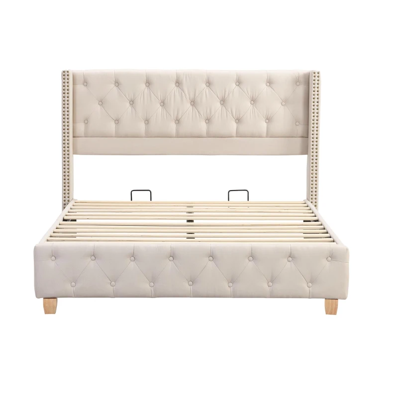 Full Size Upholstered Platform Bed with Diamond Tufted Headboard, Extra‑Wide Bedboard with Wooden Legs, 58.5'' L x 78'' W x 42.5'' H, Beige