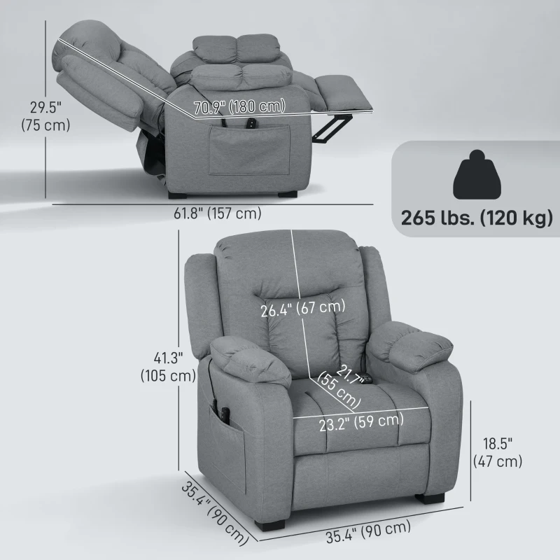 HOMCOM Massage Recliner Chair with Quiet Brushless Motor Pet-Friendly Fabric Power Recliner with 2 Memory Positions Grey