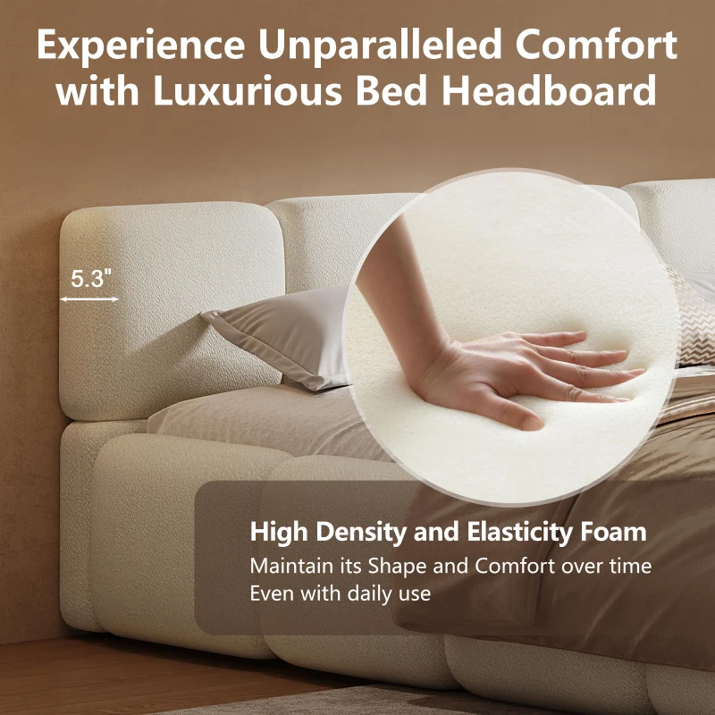 Queen Size Platform Bed with Padded Headboard, Embedded Mattress Retainer, Solid Bedboard with Wood Frame, 88.5'' L x 67'' W x 11.5'' H, White