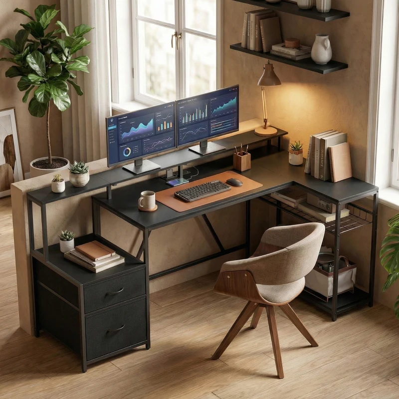 HOMCOM 76" Gaming Desk, Reversible Computer Table with RGB Lights, USB Ports, Monitor Stand and 2 Fabric Drawers, Black