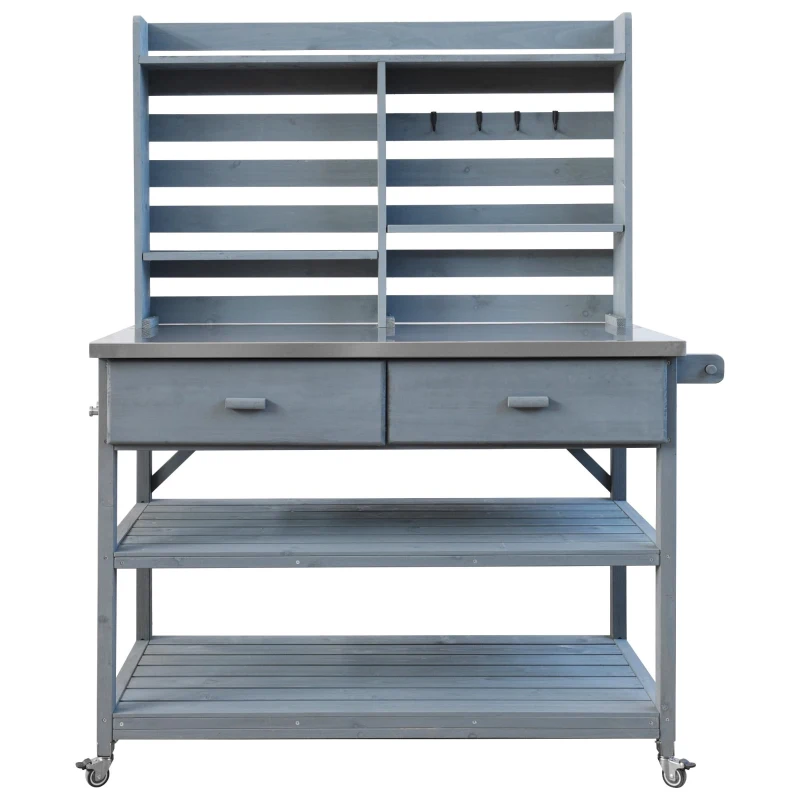 Outdoor Potting Bench Table with 2 Large Drawers, 4 Lockable Wheels, Wooden Kitchen Island with Stainless Steel Top, 52'' L x 22'' W x 65'' H, Grey+Blue