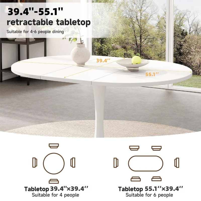 Extendable Round Dining Table for Open-Plan Kitchens and Dining Areas, Modern Table for 4–6 People, 55'' L x 39.5'' W x 29.5'' H, White