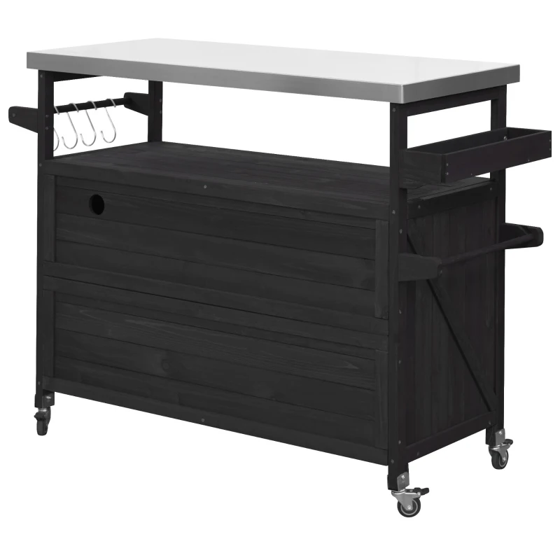 Outdoor Kitchen Island with Internal Racks and Removable Towel Holder, Rolling Bar Cart with Adjustable Shelves, 50'' L x 18.5'' W x 36'' H, Black