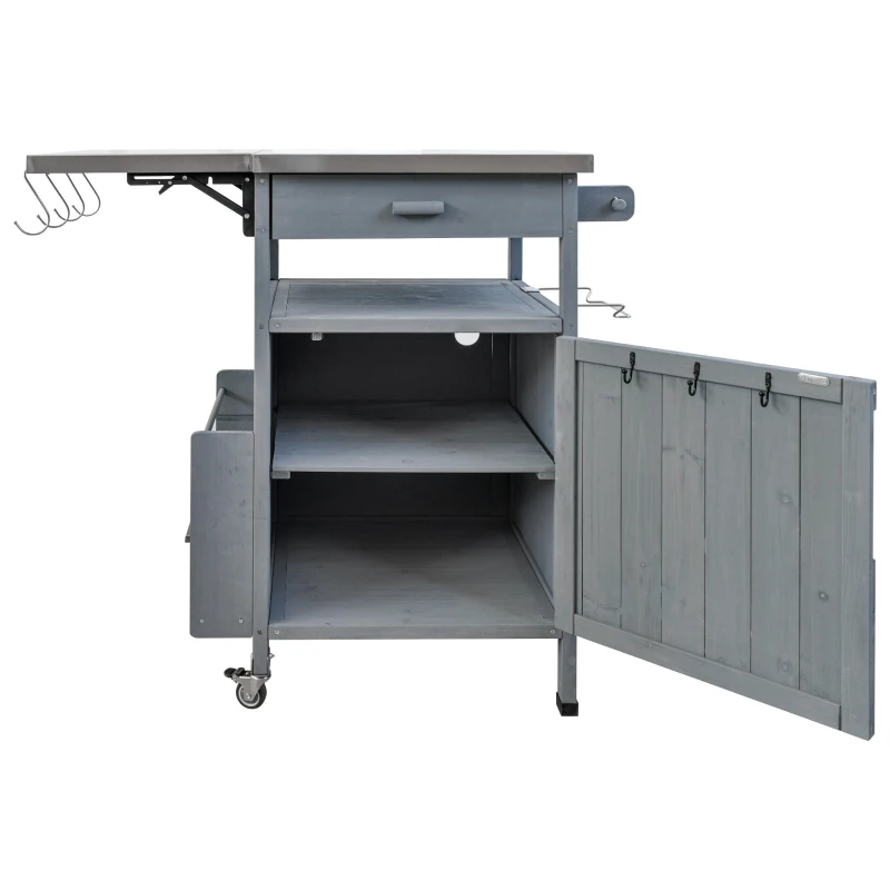 Outdoor Grill Cart with Stainless Steel Top and Large Drawer, Solid Fir Wood Storage Cabinet with Drop Leaf, 40.5'' L x 21'' W x 36'' H, Blue+Grey
