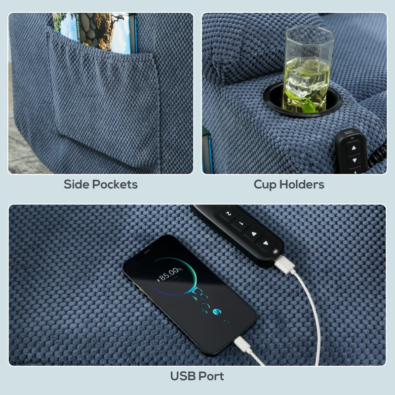 HOMCOM Power Recliner Chair with Massage, Electric Lift Chair for Elderly with Side Pockets, Cup Holders, Remote, Blue