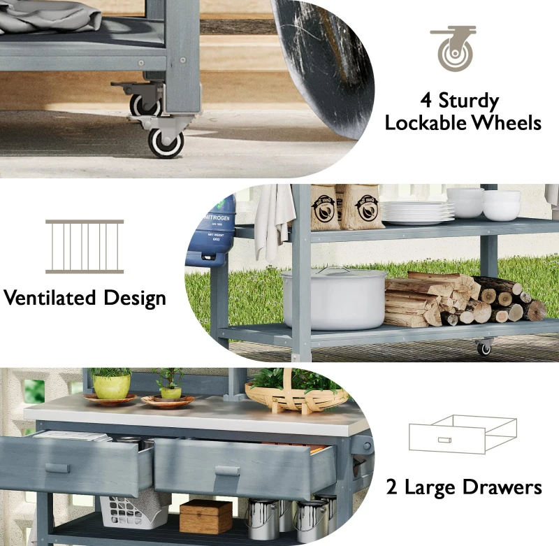 Outdoor Potting Bench Table with 2 Large Drawers, 4 Lockable Wheels, Wooden Kitchen Island with Stainless Steel Top, 52'' L x 22'' W x 65'' H, Grey+Blue