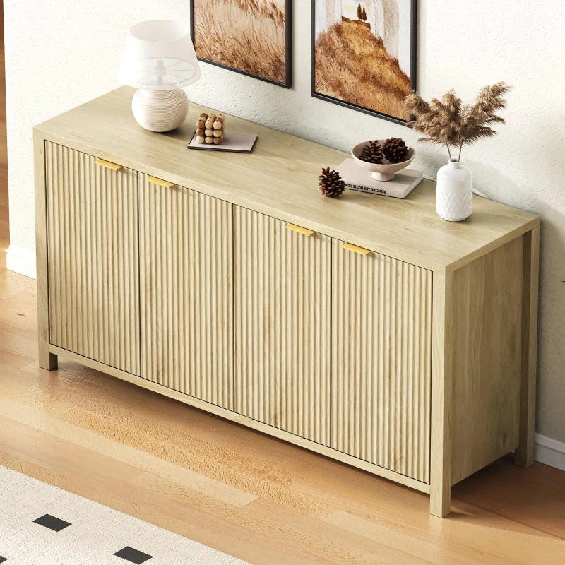 Fluted Buffet Sideboard with 4-Door Cabinet, Adjustable Shelves, Farmhouse Storage with Soft-Close Hinges, 55'' L x 15.5'' W x 33'' H, Natural