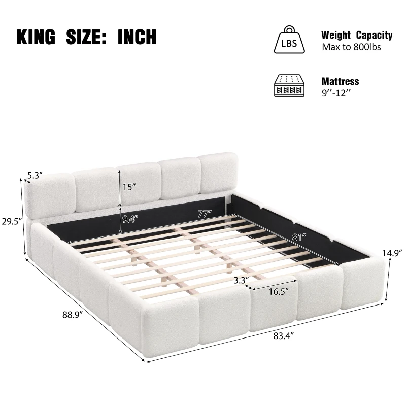 King Size Platform Bed with Padded Headboard & Footboard, Solid Bed Frame with embedded mattress-retention, 89'' L x 83.5'' W x 29.5'' H, White