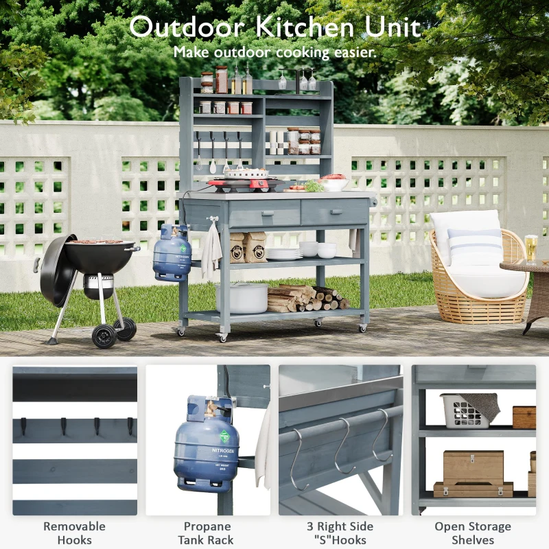 Outdoor Potting Bench Table with 2 Large Drawers, 4 Lockable Wheels, Wooden Kitchen Island with Stainless Steel Top, 52'' L x 22'' W x 65'' H, Grey+Blue