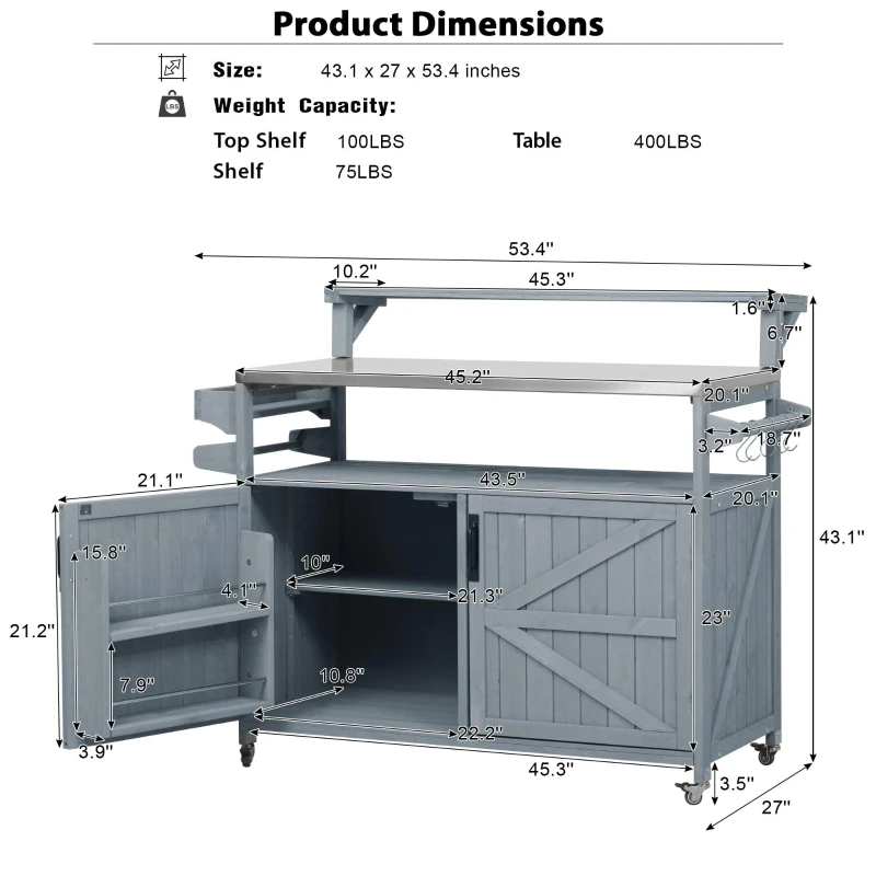 Outdoor Kitchen Island with Raised Shelf & 360° Lockable Wheels, Solid Storage Cabinet with Internal Rack, 53.5'' L x 27'' W x 43'' H, Grey+Blue