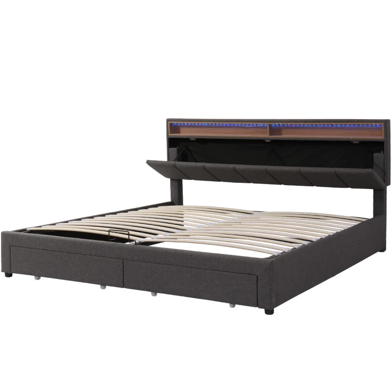 Queen Size Hydraulic Storage Bed with Remote-Controlled LED Headboard, Solid Bed Frame with Reinforced Leg, 84'' L x 61.5'' W x 39'' H, Grey
