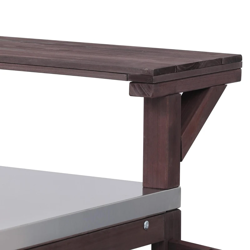 Outdoor Kitchen Island with Raised Shelf, Stainless Steel Top, Solid Storage Cabinet with Internal Rack, 53.5'' L x 27'' W x 43'' H, Dark Brown