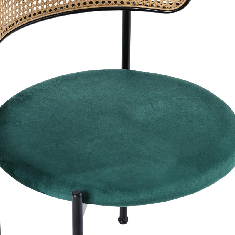 Set of 4 Modern Velvet Dining Chairs with PE Rattan Backrest, Minimalist Leisure Chairs with Round Padded Seat, 19.5'' L x 20'' W x 29.5'' H, Green