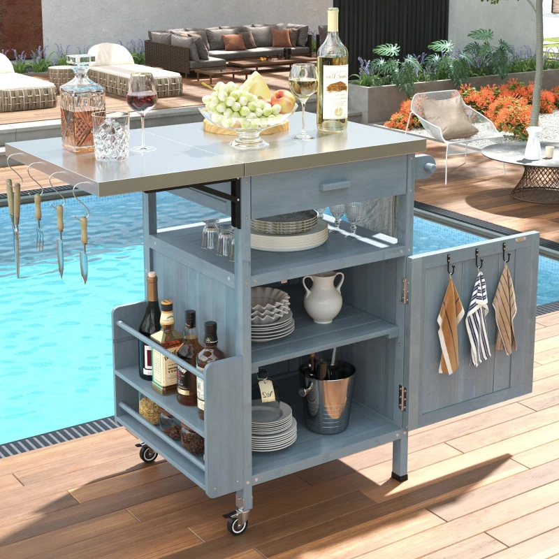 Outdoor Grill Cart with Stainless Steel Top and Large Drawer, Solid Fir Wood Storage Cabinet with Drop Leaf, 40.5'' L x 21'' W x 36'' H, Blue+Grey