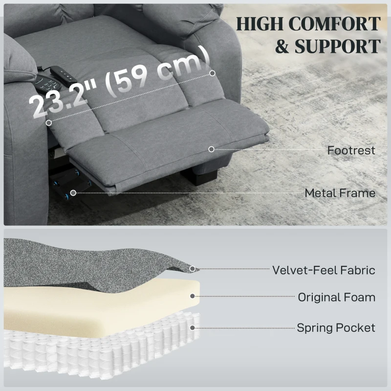 HOMCOM Massage Recliner Chair with Quiet Brushless Motor Pet-Friendly Fabric Power Recliner with 2 Memory Positions Grey
