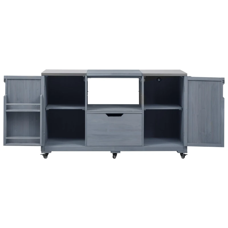 Outdoor Kitchen Island with Stainless Steel Top, Adjustable 5‑Level Shelves, Fir Wood Grill Cart with Drawer, 66.5'' L x 23'' W x 34.5'' H, Grey+Blue