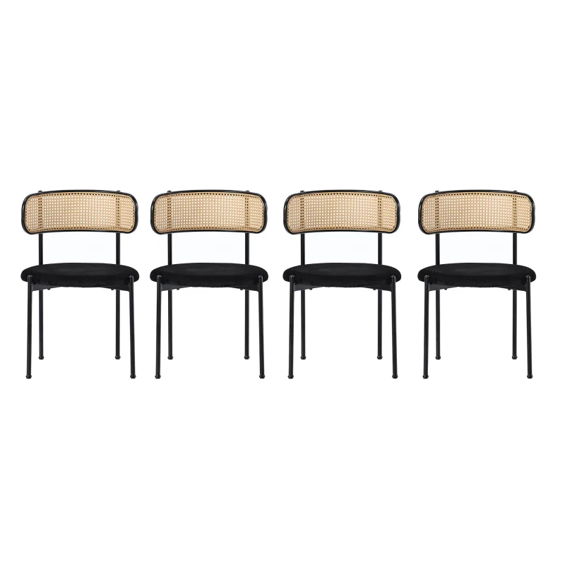 Set of 4 Velvet Dining Chairs with PE Rattan Backrest, Modern Leisure Chairs with Sturdy Metal Legs, 19.5'' L x 20'' W x 29.5'' H, Black+Natural