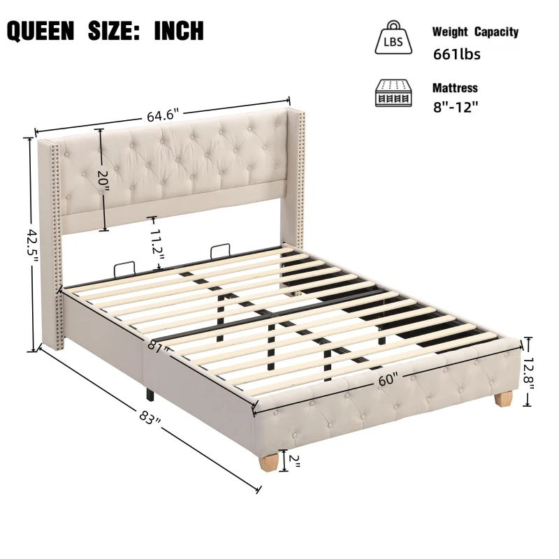 Queen Size Linen Upholstered Bed with Wingback Headboard, Modern Bed Frame with Metal Nailhead Trim, 64.5'' L x 83'' W x 42.5'' H, Beige