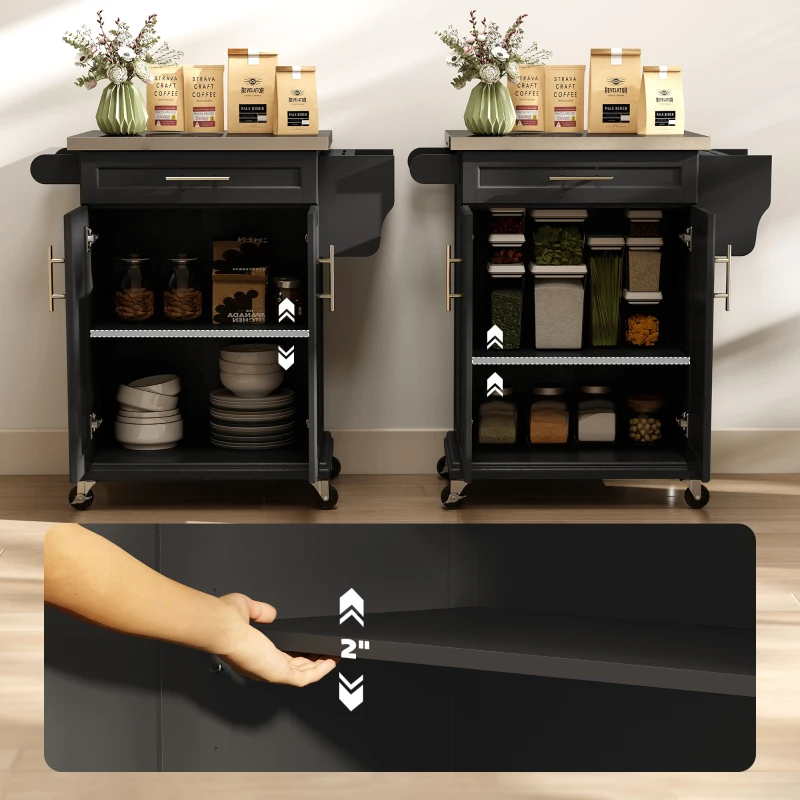 HOMCOM Kitchen Island on Wheels, Rolling Kitchen Cart with Stainless Steel Countertop, Drawer, Towel Rack and Spice Rack, Utility Storage Trolley, Black