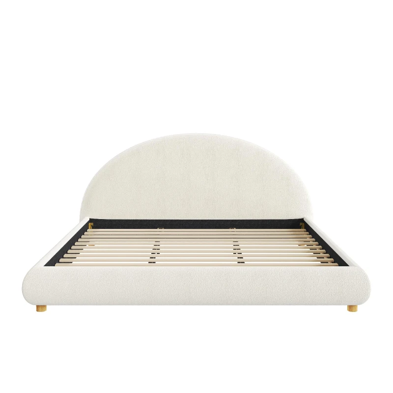 King Size Platform Bed with Integrated Mattress Retainer, Boucle Fabric, Solid Bedboard with Low-Profile Frame, 86.5'' L x 80'' W x 41'' H, White