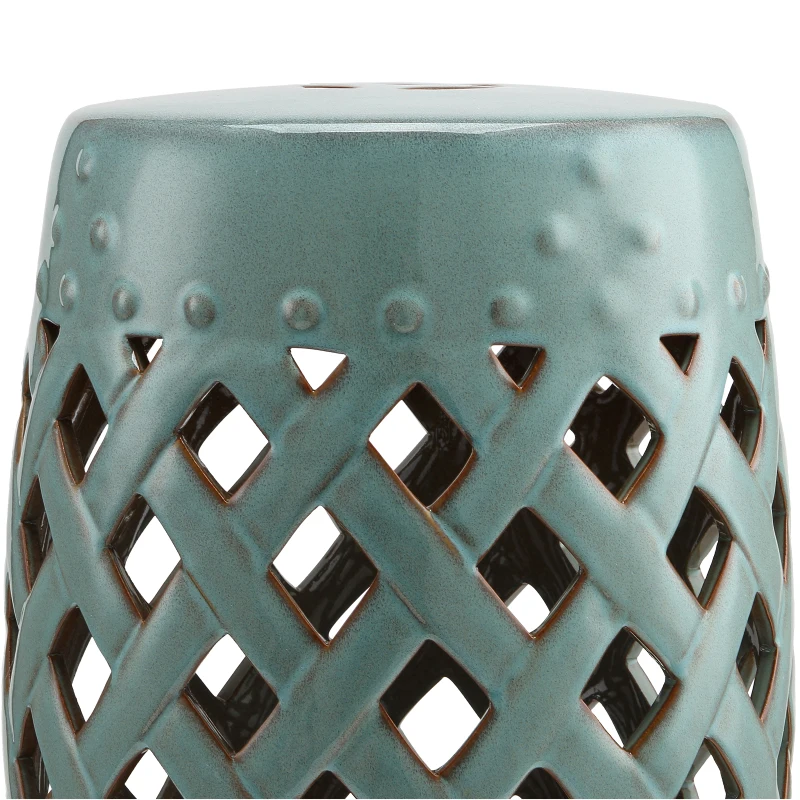 Outsunny 18" Ceramic Garden Stool with Woven Lattice Design, Indoor & Outdoor Decorative Accent Stool, Blue