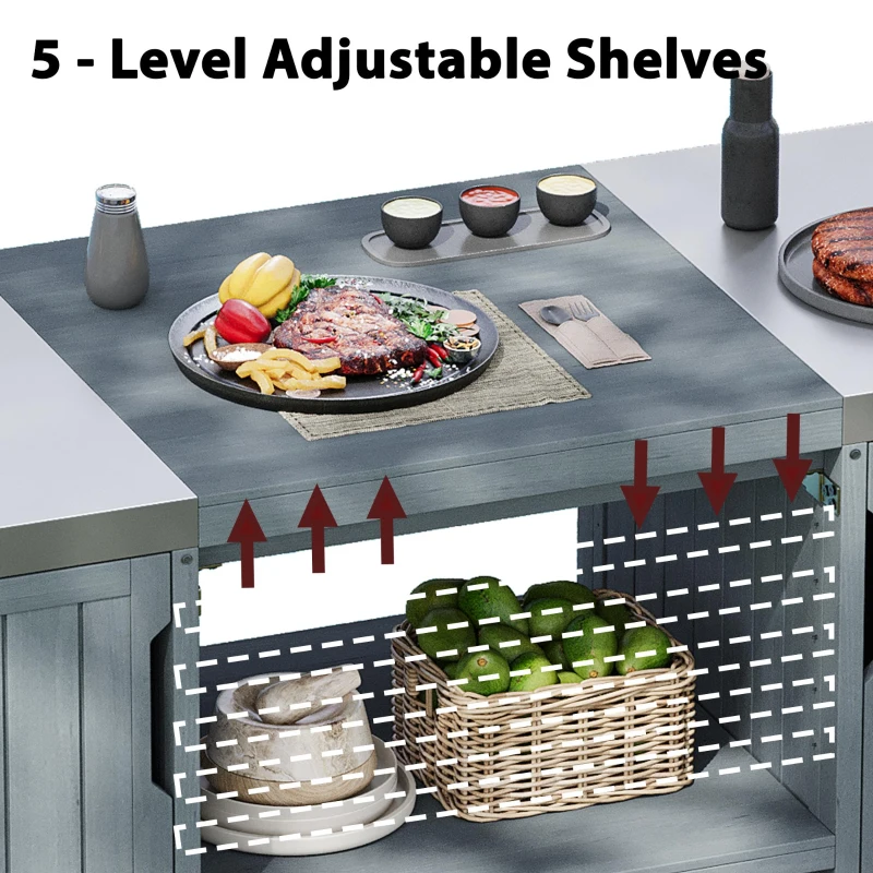 Outdoor Kitchen Island with Stainless Steel Top, Adjustable 5‑Level Shelves, Fir Wood Grill Cart with Drawer, 66.5'' L x 23'' W x 34.5'' H, Grey+Blue
