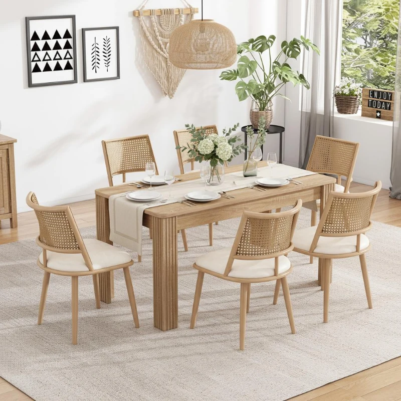 Set of 6 Modern Dining Chairs with PE Rattan Backrest, Ergonomic Side Chairs for Restaurant and Cafe, 19.5'' L x 19'' W x 31.5'' H, Beige+Natural